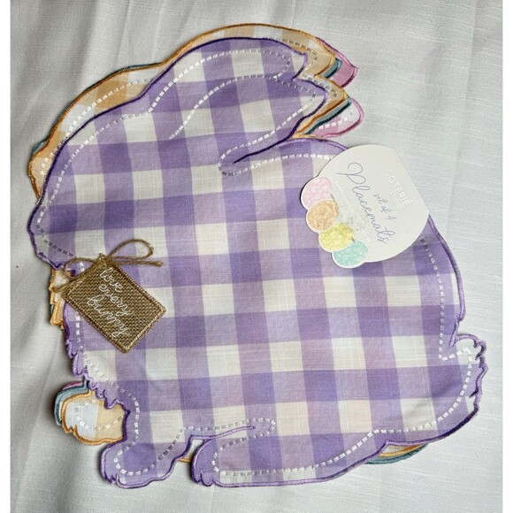 Coterie Studio Set Of 4 Embroidered Pastel Plaid Bunny Easter Placemats 15” New - Picture 1 of 8